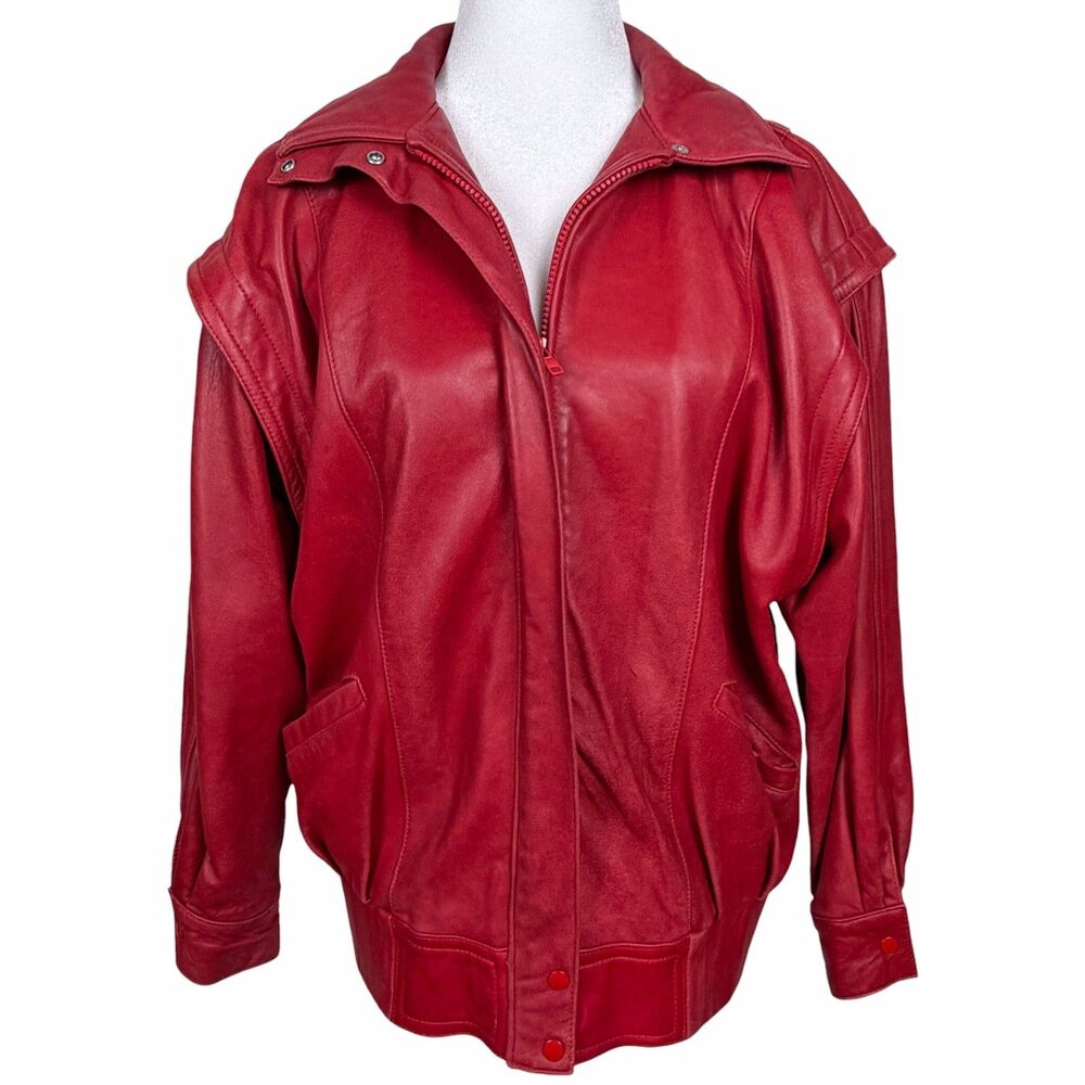 Vintage Red Leather Bomber Jacket Made in USA Size Small 80s